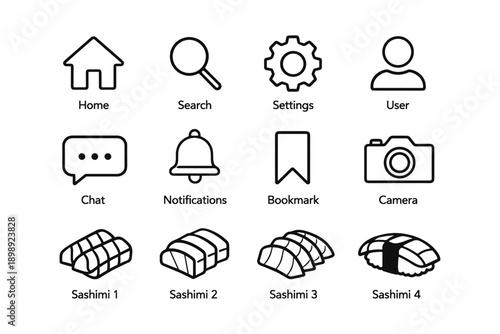 Minimalist icons for home, search, settings, user, communication, and sushi varieties
