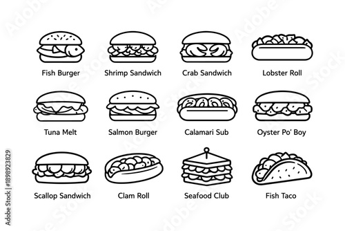 Illustrated seafood sandwiches and rolls variety