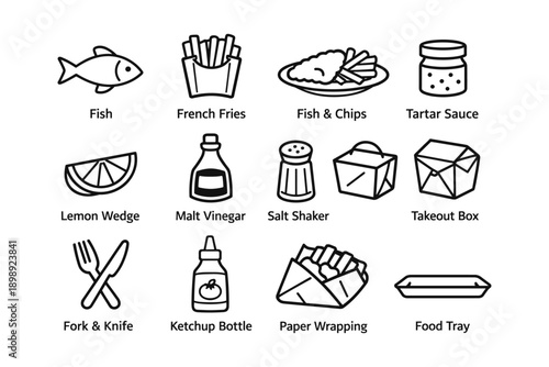 Fish and chips essentials: icon set with condiments and utensils