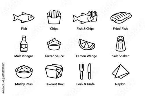 Fish and chips icon set with tartar sauce and lemon wedge