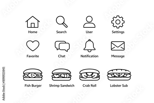 Simple icon set: home, search, user, settings, food items
