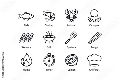 Seafood and bbq cooking icons: fish, shrimp, lobster, octopus, grill tools