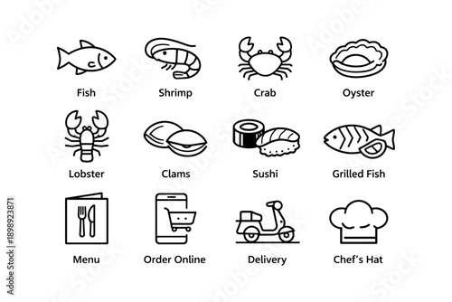 Seafood icons: fish, shrimp, crab, oyster, lobster, sushi, grilled fish, clams, menu, delivery