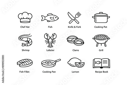 Culinary icons set: chef hat, seafood, cooking utensils, grill, recipe book