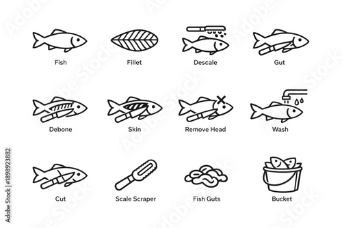 Fish preparation process icons: fillet, descale, gut, debone, skin, head removal, wash, cut, scale scraper, fish guts, bucket