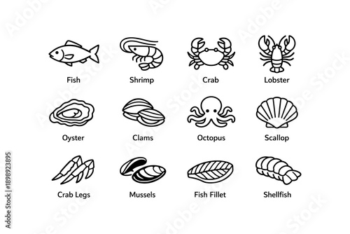 Assorted sea creatures icons: fish, shrimp, crab, lobster, oyster, clams, octopus