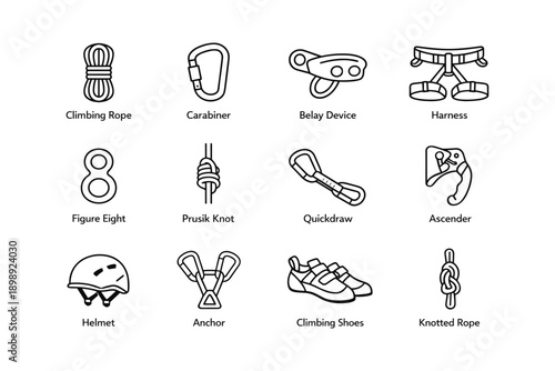 Rock climbing gear icons: rope, carabiner, belay device, and more