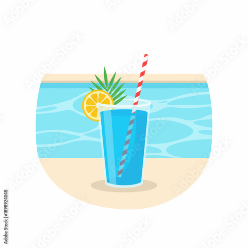 Flat vector illustration of a drink cup with straw by the pool, summer refreshment, no logo, isolated on white background