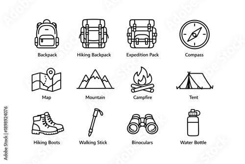 Outdoor adventure icons: backpack, compass, map, mountain, campfire, tent, hiking boots, binoculars