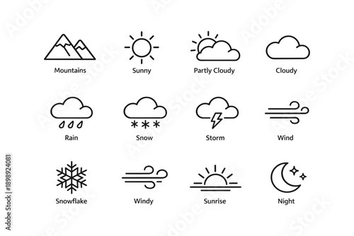 Weather icons set including mountains sun clouds raindrops snowflakes and wind