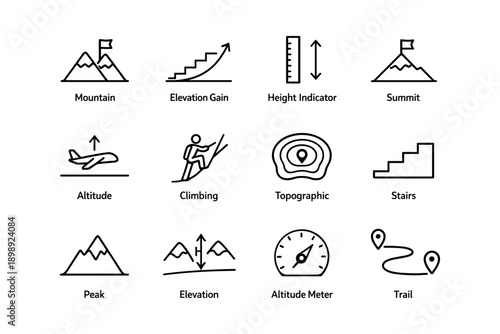 Mountain adventure icons: altitude, climbing, elevation, trail, summit