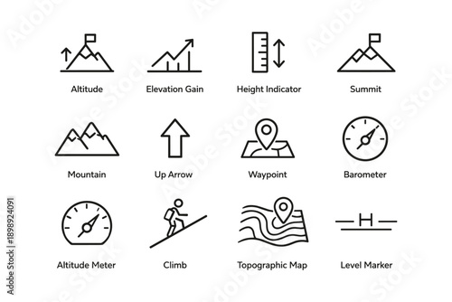 Outdoor navigation icons: altitude waypoint barometer climb map marker