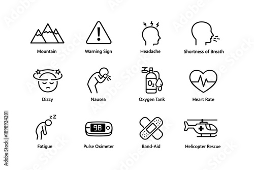 Medical icons for high altitude symptoms and treatment warnings