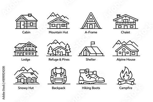 Icon set of cabins and outdoor elements: chalet, backpack, campfire