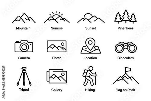 Outdoor adventure icons including mountains, camera, hiking, and pine trees