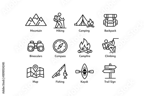 Outdoor adventure icons set with hiking, camping, and climbing symbols