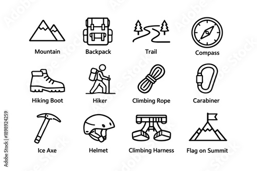 Outline icons of hiking and mountaineering equipment set for adventure enthusiasts