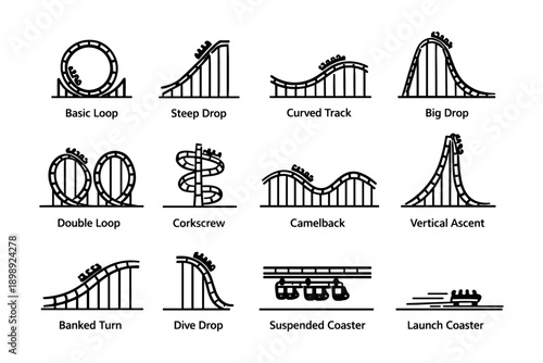 Variety of roller coaster types: loop, corkscrew, camelback, vertical ascent, dive drop