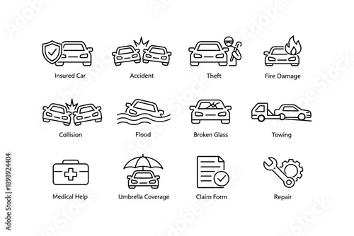 Car insurance icons: accident, theft, fire, collision, flood, coverage, repair