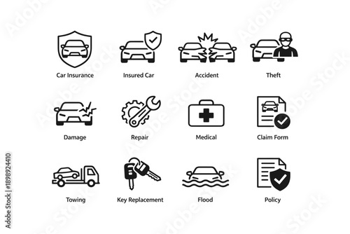 Car insurance icons: coverage, claims, repair, theft, towing, flood protection