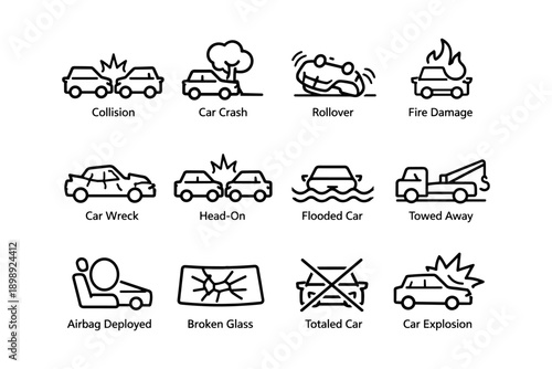 Car accident icons: collision, fire, rollover, flood, towing, airbag, damage