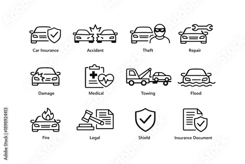 Car insurance icons: accident, theft, repair, medical, legal, fire, shield