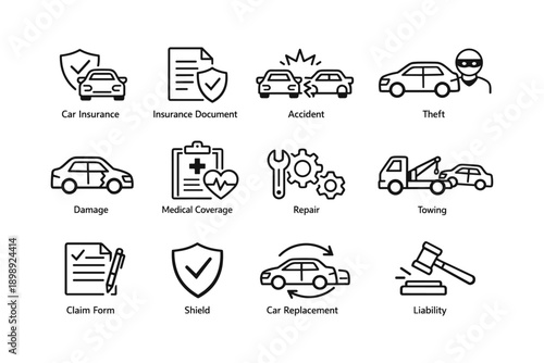 Car insurance icons: accident, repair, theft, medical coverage, liability