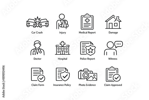 Car accident and insurance claims process icons set