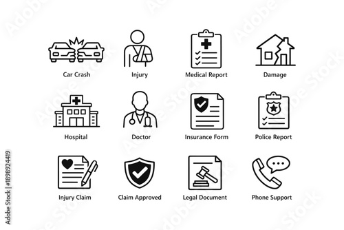 Car crash and injury icons set: medical, legal, and insurance symbols