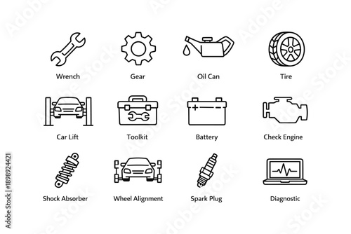 Car maintenance icons: tools, engine, tire, battery, diagnostics