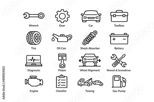 Automotive icons collection: tools, car parts, and maintenance symbols