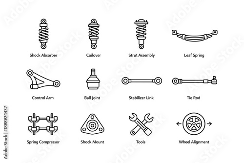 Automotive suspension parts: shock absorber, coilover, strut assembly, leaf spring, control arm