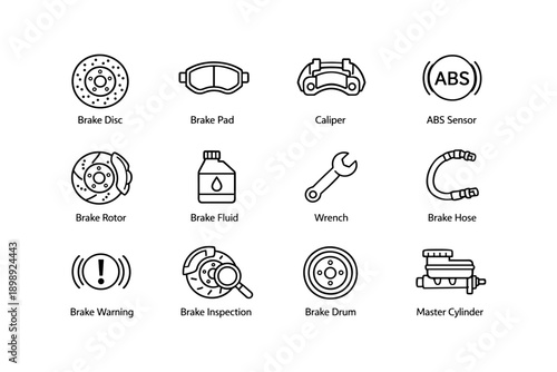 Automotive brake system icons: disc, pad, caliper, sensor, fluid, wrench