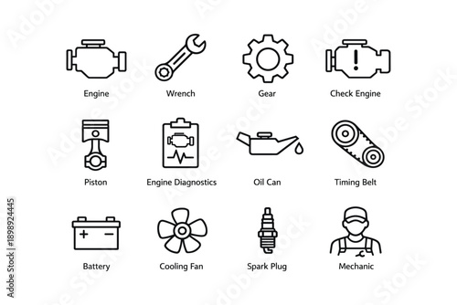 Car maintenance icons featuring engine, wrench, gear, oil, and mechanic symbols