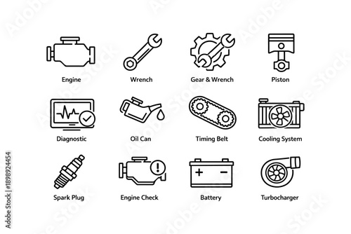 Car maintenance icons: engine, tools, diagnostic, cooling, battery, turbocharger