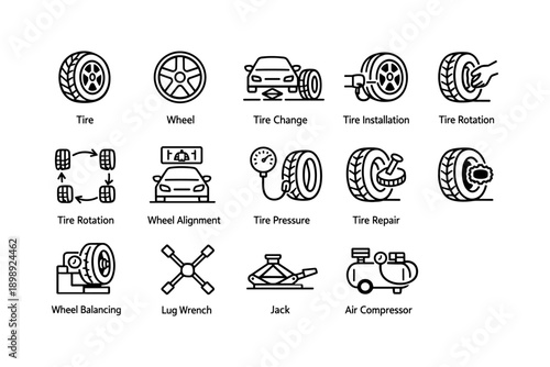 Car maintenance icons: tire change, wheel alignment, air compressor, jack, lug wrench