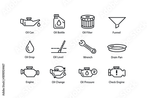 Automotive maintenance icons: oil can, bottle, filter, funnel, level, wrench, engine