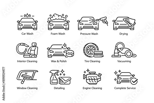 Car washing and detailing icon set featuring various cleaning methods
