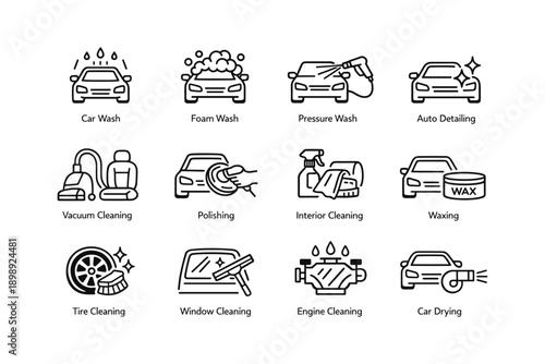 Car cleaning and detailing icons: wash, foam, wax, vacuum, polish, interior, tire, window