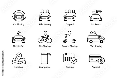 Transportation icons: carpool, rental, electric car, bike, scooter, van, location, booking