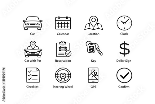 Icons for car, calendar, location, clock, reservation, key, dollar, checklist, steering, gps, confirm