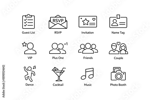 Event icons set: invitations, name tags, and activities design elements