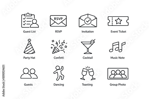 Event planning icons: guest list, rsvp, invitation, music, party, dancing, toasting