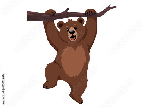 A cartoon brown bear hanging from a tree branch with a happy expression