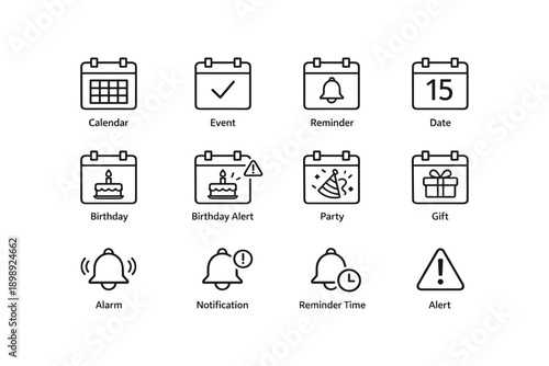 Calendar and event icons including alerts and reminders in simple black line style