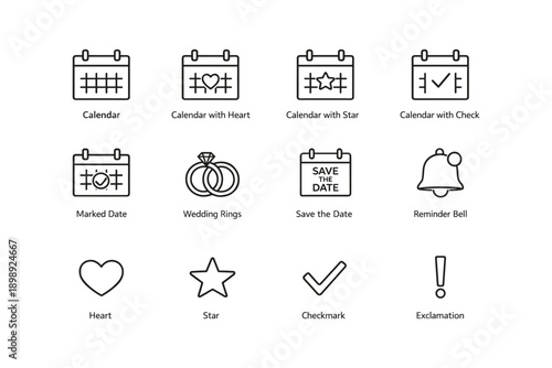 Calendar and event icons set with wedding, reminder, and symbols
