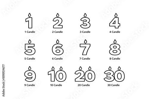 Numbered birthday candles set 1 to 30 outline design