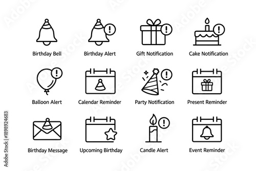 Birthday and event notification icons: bells, balloons, and gifts