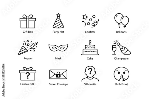 Celebration icons set with party hat, gift box, balloons, and cake