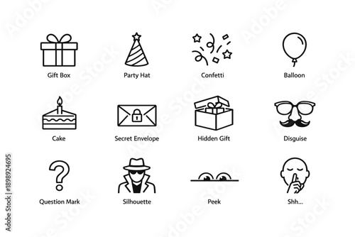 Icon set of gifts, celebration, and mystery elements